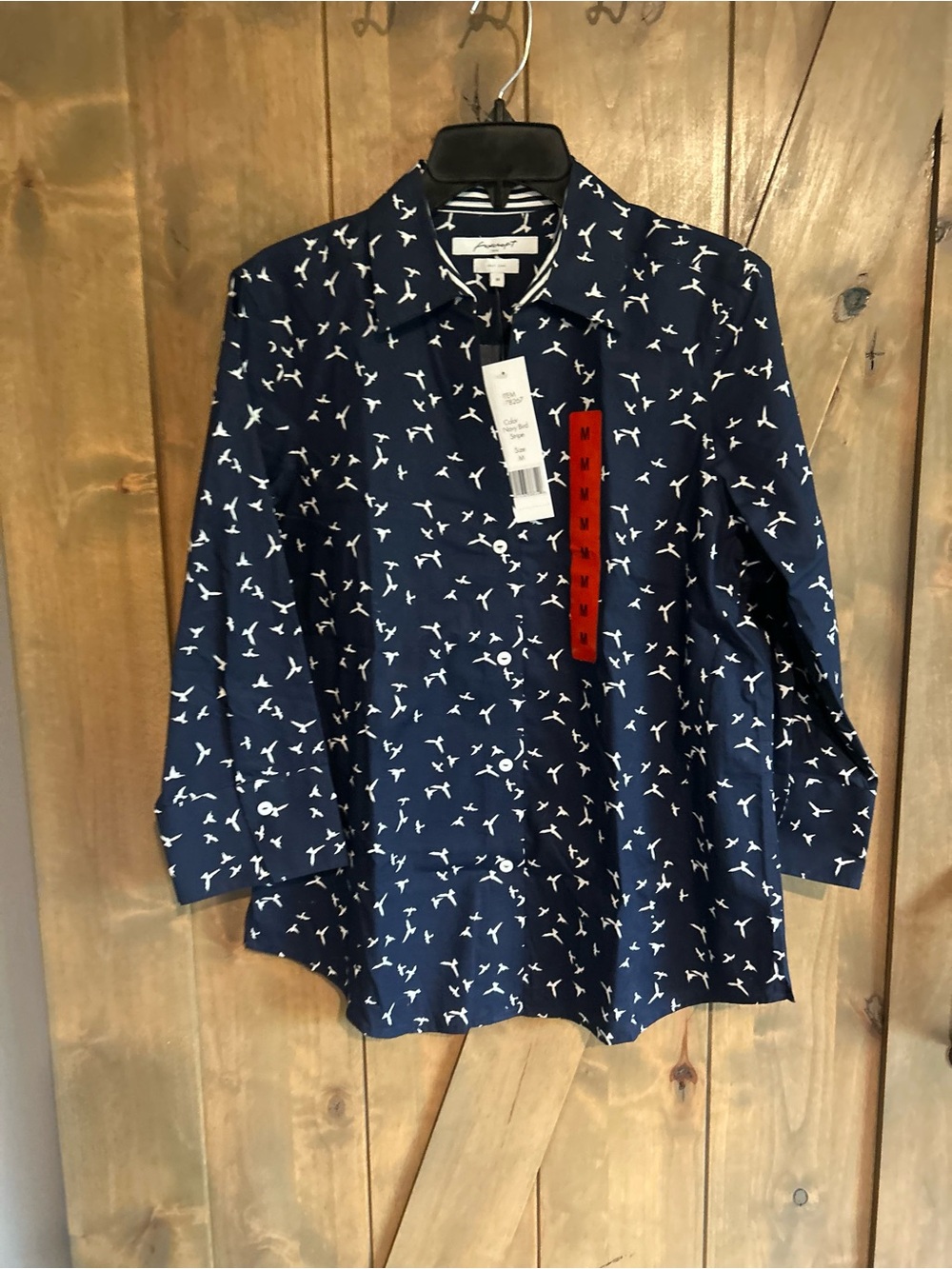 Foxcroft Navy and White Bird-Print Button-Down Shirt